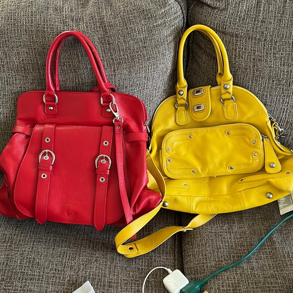 Large Leather Handbags with cross body straps red and yellow sold sep